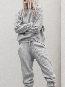 Gray Crew Neck Long Sleeve Knitted Plain Two Pieces