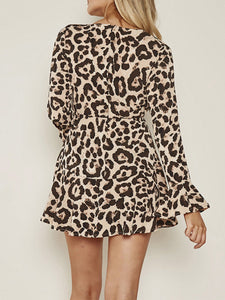 V-neck Leopard Trumpet Sleeve Dress