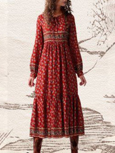 Fashion Bohemian Red Printed Long Sleeve Dress