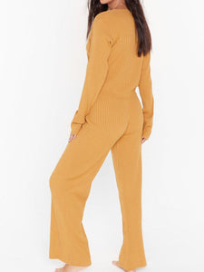 V-neck Solid Color Knitted Button Top Pants Two-piece Suit