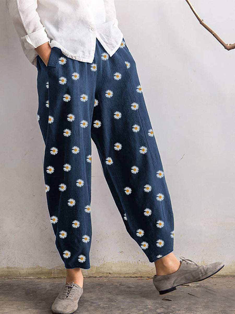 Daisy Floral Print Elastic Waist Casual Harem Pants