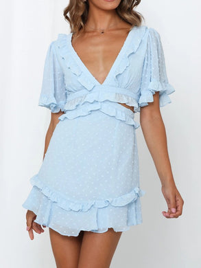 Deep V Short Sleeve Lace Backless Dress