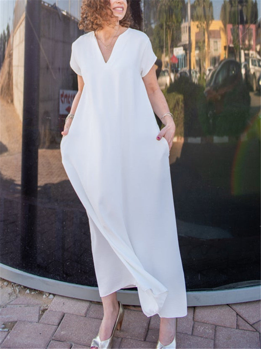 Casual Loose V-Neck Pocket Maxi Dress