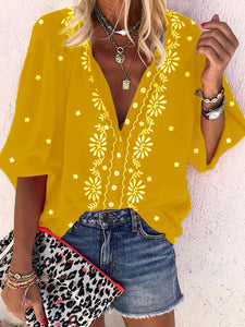 Leisure Flower Printed Deep V Shirt