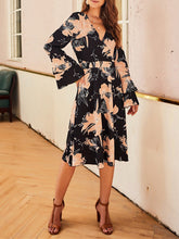 Load image into Gallery viewer, V-neck Printed Trumpet Sleeve Dress