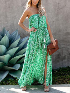 Wrap Chest Tassel Bohemian Casual Print Maxi Dress