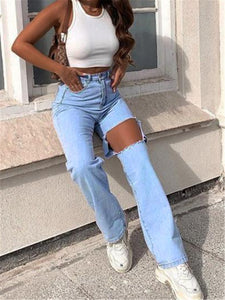 Irregular Knee Ripped High Waisted Jeans Pants