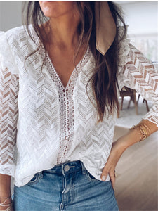 Sexy Openwork Lace V-Neck Shirt