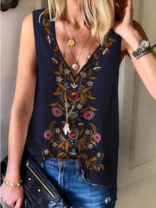 Print Floral V-Neck Sleeveless Casual Elegant Tank Tops