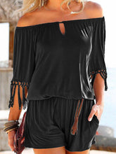 Load image into Gallery viewer, Women&#39;s Off Shoulder Short-Sleeve Fringed Romper