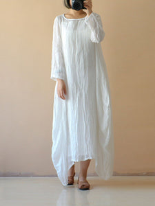 Autumn Cotton and Linen Loose Solid Color Long-Sleeved Dress