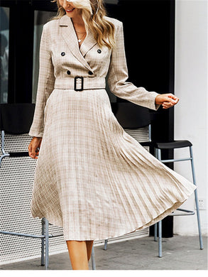 Fashion Retro Professional Plaid Pleated Long Dress