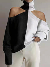 Load image into Gallery viewer, Fashion High Collar Off Shoulder Color Block Sweater