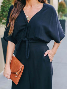 Solid Color Casual V-Neck Jumpsuit