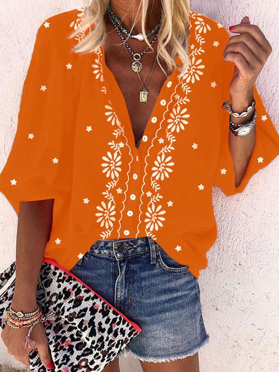 Leisure Flower Printed Deep V Shirt