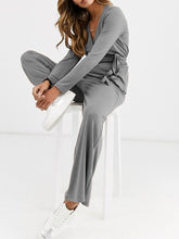 Load image into Gallery viewer, Loose Casual Long-Sleeved V-Neck Top Wide Leg Pants Knitted Suit