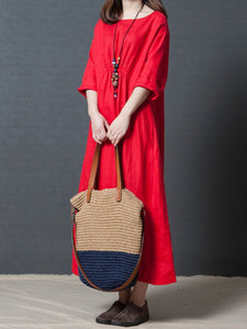 Linen Loose Fashion Solid Color Pleated Long Sleeve Dress