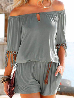 Women's Off Shoulder Short-Sleeve Fringed Romper