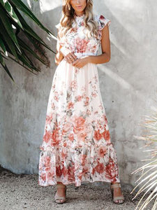 Round Neck Ruffle Print Maxi Dress