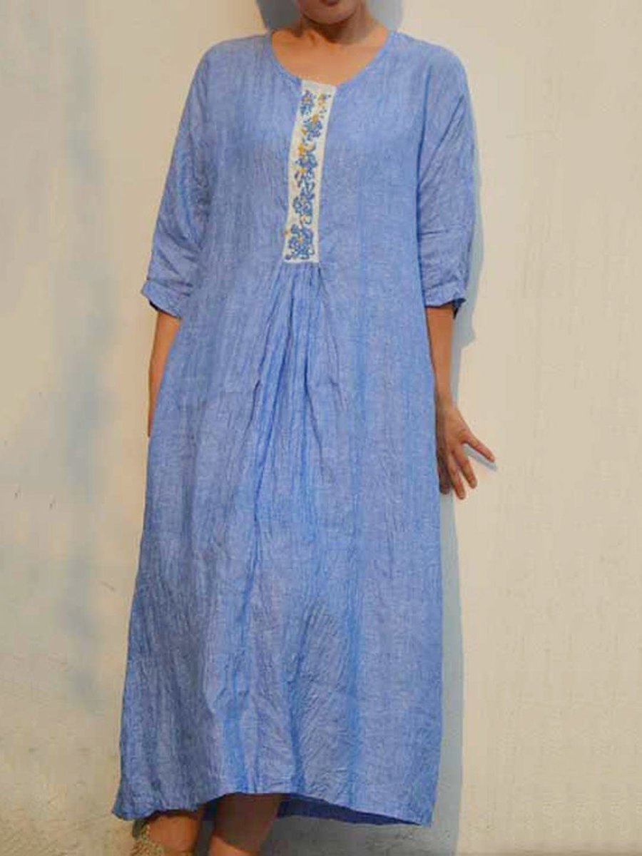 Embroidered 3/4 Sleeves Casual Linen Dresses