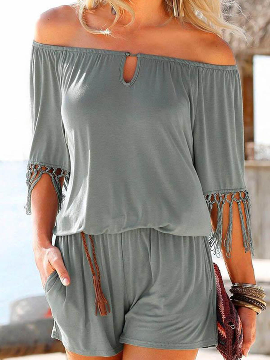 Women's Off Shoulder Short-Sleeve Fringed Romper