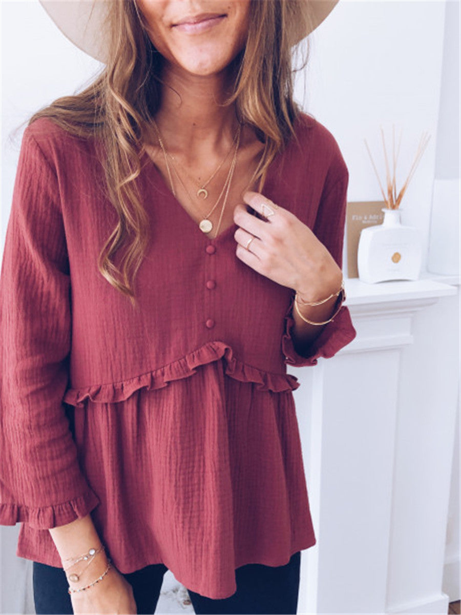 Casual Loose V-Neck Button Blouse