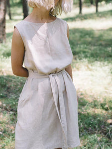 Back V Neck Summer Linen Midi Dress