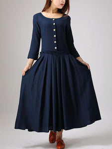 Cotton and Linen Casual Button Long Sleeve Dress