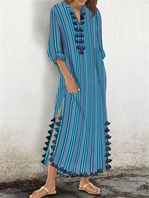 Stylish Casual Striped Slit V Neck Maxi Dresses