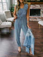 Load image into Gallery viewer, Women Ruffle Detail Lace Up Navy Striped Jumpsuit