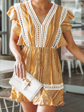 Women Bohemian Yellow Print Ruffled Mini Dress