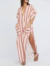 Load image into Gallery viewer, Women Casual Striped V-neck Long Sleeve Loose Pocket Maxi Dress