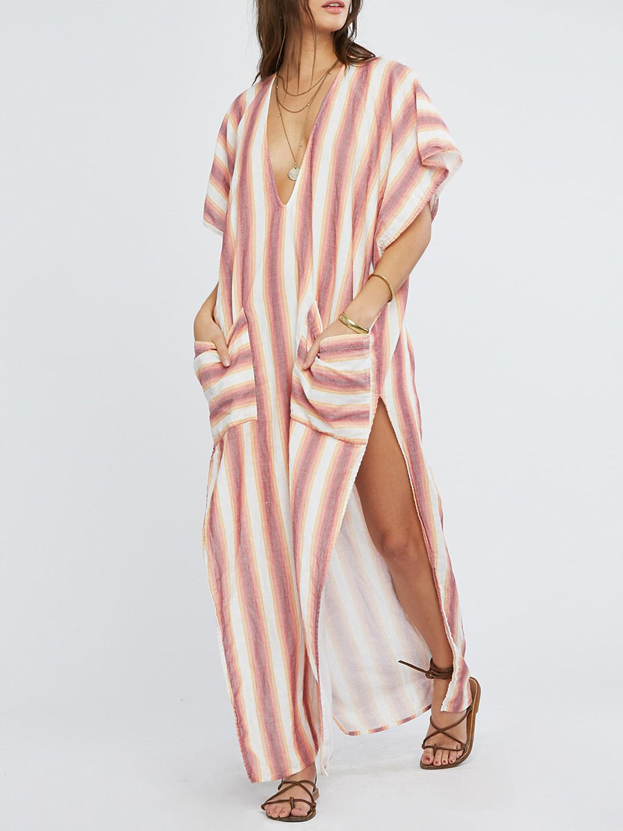 Women Casual Striped V-neck Long Sleeve Loose Pocket Maxi Dress