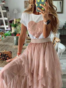 Sweet Romantic Sequin Top Mesh Skirt Suit