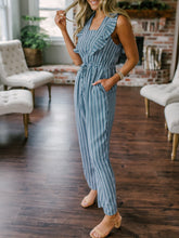 Load image into Gallery viewer, Women Ruffle Detail Lace Up Navy Striped Jumpsuit