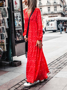 V-neck Long Sleeve Printed Maxi Dress