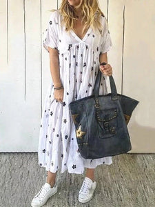 Printed Short-sleeved Casual V-neck Dress