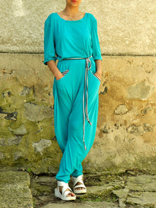 Women Crew Neck Mid Sleeve Loose Jumpsuit with Pocket