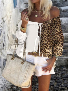 Fashion Word-Neck Long-Sleeved Stitching Leopard Top