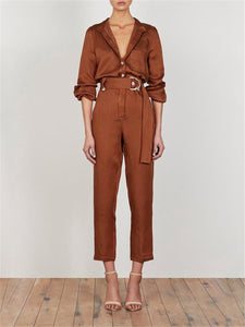 Simple Solid Color Collar Pocket Jumpsuits