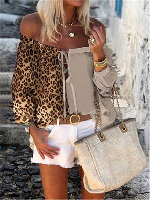 Fashion Word-Neck Long-Sleeved Stitching Leopard Top