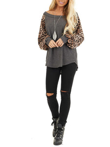 Leopard Print Long Sleeve Charcoal Waffle Knitted Top