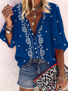 Leisure Flower Printed Deep V Shirt