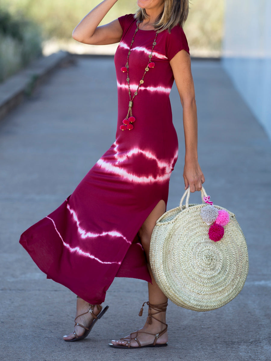 Round Neck Short Sleeve Tie-Dye Holiday Dress