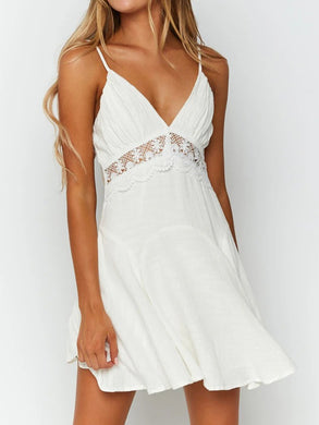 Deep V-Neck White Linen Dress