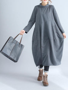 Vintage High Neck Cotton and Linen Stitching Long Sleeve Dress