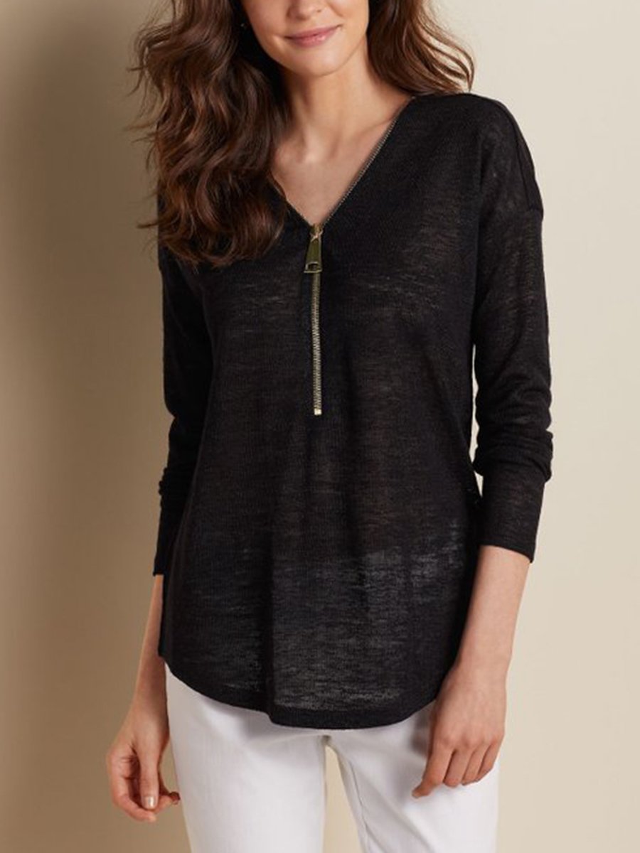 Loose Casual Long Sleeve Zip T-Shirt & Top