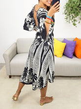 Load image into Gallery viewer, V-neck Flared Sleeve Positioning Print Fit Midi Dress