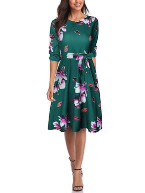 Summer Round Neck Print Retro Temperament Waist Dress