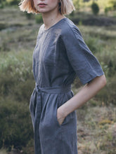 Load image into Gallery viewer, Solid Color Linen Lace-Up Jumpsuit with Pockets